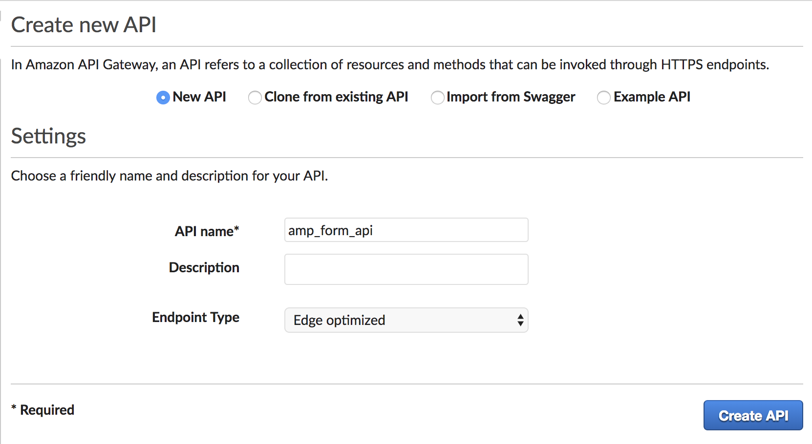 AWS API Gateway Create New API